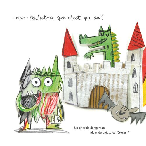 Illustration d'un dragon vert et d'une créature colorée devant un château, avec du texte en français sur l'école et des lieux dangereux.