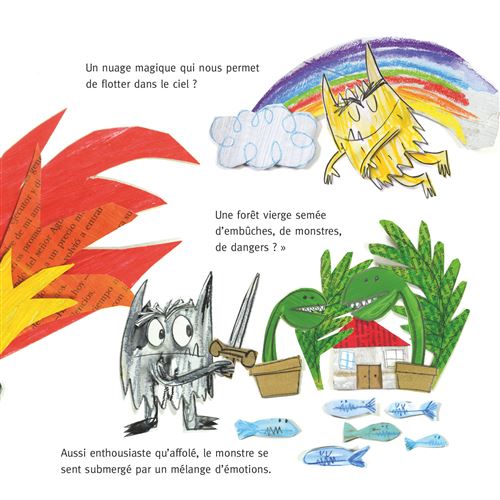Illustration colorée d'un nuage magique et d'un monstre dans une forêt, avec des personnages fascinants et des éléments fantaisistes.