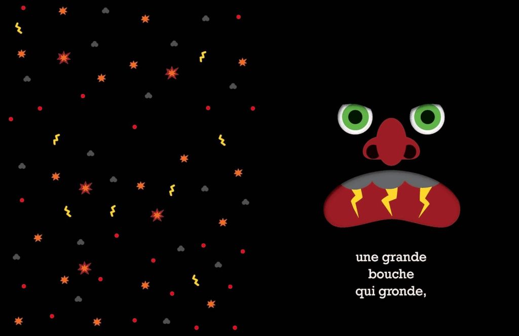 Une illustration colorée avec un fond noir, montrant un visage stylisé avec des yeux verts, un nez rouge, une grande bouche menaçante, et du texte en bas disant 'une grande bouche qui gronde'.