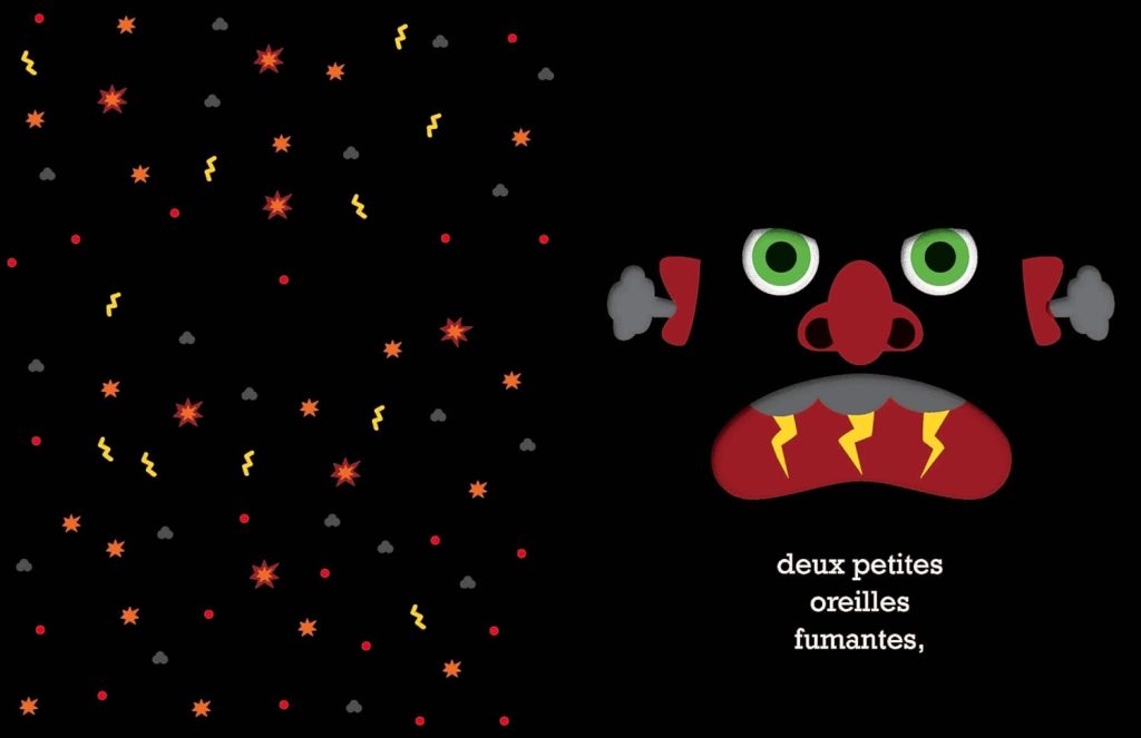Visuel coloré avec un fond noir, featuring un personnage drôle avec une grande bouche rouge, des yeux verts, et des oreilles fumeuses, accompagné d'étoiles et d'éclairs rouges, jaunes et gris.