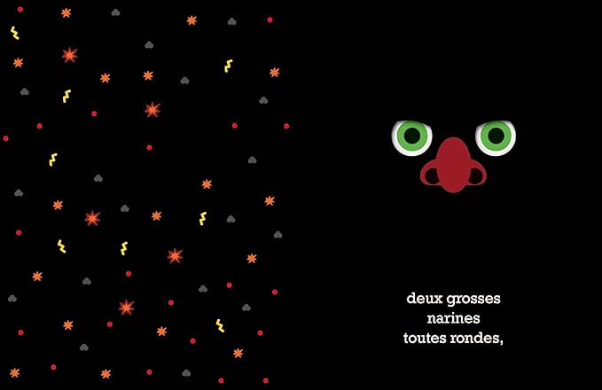 Image avec un fond noir contenant des motifs colorés en haut et un visage cartoon avec des narines rouges et des yeux verts à droite, accompagné de texte en bas.