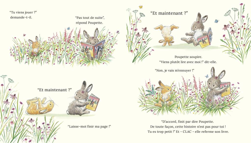 Deux lapins dans un champ fleuri. L'un lit un livre tandis que l'autre demande s'il vient jouer.