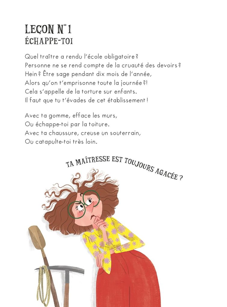 Une illustration humoristique représentant une enseignante avec des lunettes, les bras croisés et une expression agacée, accompagnée de texte sur les défis de l'école obligatoire.