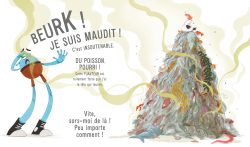 Illustration d'un poisson triste sur un tas de déchets colorés, avec un message de désespoir et d'urgence environnementale.