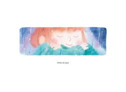 Illustration d'une petite fille souriant, recroquevillée dans un pull, entourée de nuances de bleu et rose.