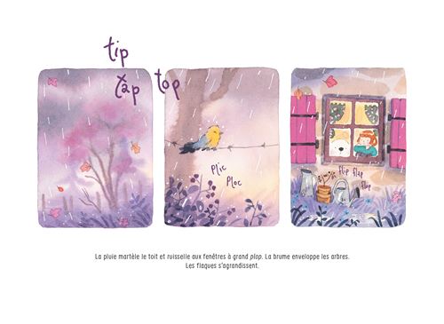 Trois illustrations montrant la pluie sur un paysage paisible, avec un oiseau jaune et des fenêtres colorées. Les mots "tip", "tap" et "top" sont intégrés, décrivant l'environnement pluvieux et mélancolique.