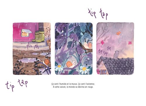 Trois illustrations sur le thème de l'automne avec des éléments de pluie et des scènes de nature, accompagnées de textes évocateurs.