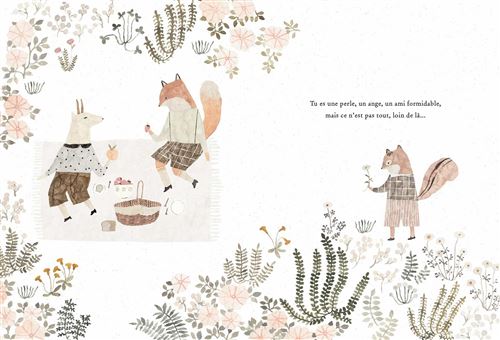 Illustration présentant un renard et un agneau assis autour d'une table avec un panier, entourés de fleurs et de feuilles, accompagnés d'un texte en français.