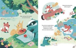 Illustration colorée montrant un renard et un écureuil lisant près d'un ruisseau, avec un blaireau et d'autres animaux interagissant autour d'une souche d'arbre et d'une mare.