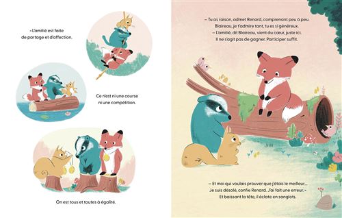 Illustration colorée représentant des animaux, dont un renard, un blaireau et un écureuil, discutant des thèmes de l'amitié et de la coopération.