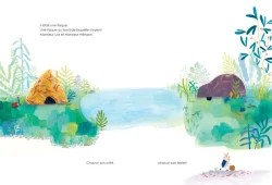 Illustration d'un paysage avec une rivière au milieu, entourée de végétation. À gauche, une hutte en forme de cône, à droite, une hutte en forme de rocher. Un personnage assis près de l'eau observe le paysage.