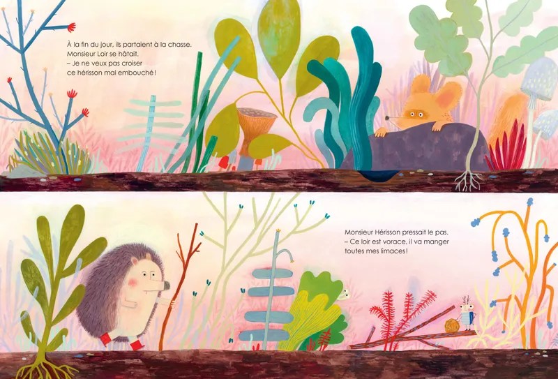 Illustration d'une scène colorée avec des animaux et des plantes. Un hérisson et un écureuil se rencontrent dans un environnement luxuriant, avec des détails de la faune et de la flore.