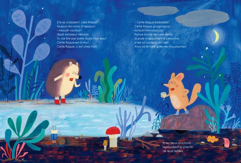 Une illustration colorée montrant un hérisson et un renard en conversation près d'une étendue d'eau, entourés de plantes et de champignons.