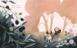 Une illustration d'une petite fille souriante et d'un chien dans un parc, entourés de feuillages et de fleurs.
