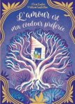 Illustration d'un arbre aux branches entrelacées avec une maison, sur un fond violet, accompagné de la phrase 'L'amour est ma couleur préférée'.
