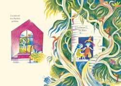 Une illustration colorée représentant une chambre avec un lit à côté d'une fenêtre, et une scène extérieure avec deux personnages au pied d'un arbre aux formes extravagantes.