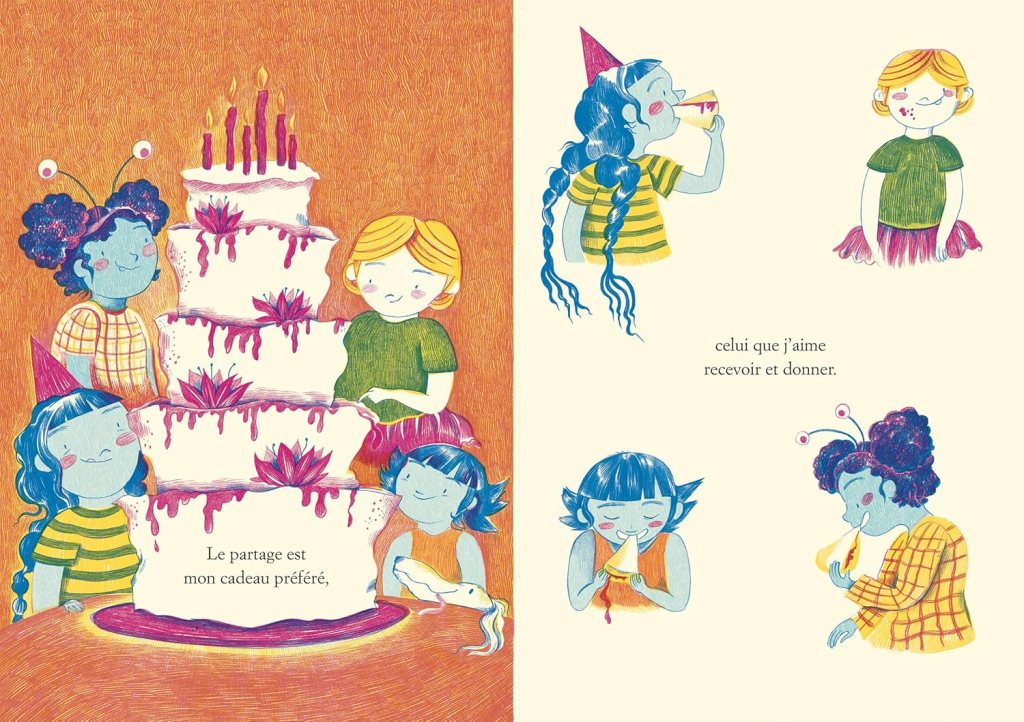 Une illustration colorée d'un groupe d'enfants célébrant un anniversaire autour d'un grand gâteau à plusieurs étages, avec des chandelles allumées et des décorations colorées. Les enfants portent des chapeaux de fête et partagent des moments joyeux tout en appréciant le gâteau.