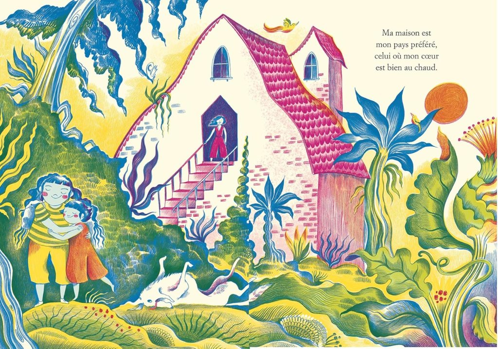 Illustration colorée d'une maison entourée de plantes exotiques, avec deux enfants se tenant dans les bras et une femme à l'étage, évoquant un sentiment de chaleur et de confort.
