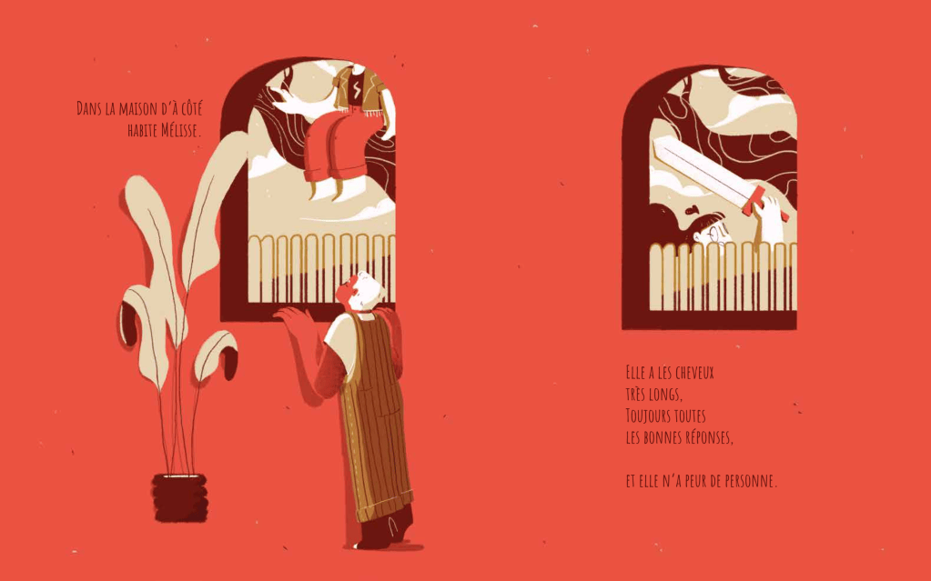 Une illustration colorée représentant une femme avec de longs cheveux regardant par la fenêtre, tandis qu'un personnage curieux observe depuis l'extérieur, avec une plante en pot au premier plan.