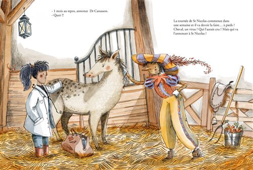 Deux enfants discutent dans une écurie, l'un en blouse blanche et l'autre portant un chapeau coloré, tandis qu'un cheval gris les écoute.