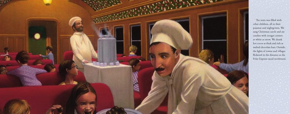 Une scène à l'intérieur d'un train décoré pour Noël, avec des enfants portant des pyjamas. Un chef, vêtu d'une veste blanche, sert des chocolats chauds. L'atmosphère est festive et accueillante.