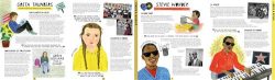 Une illustration de deux pages présentant des biographies de personnalités inspirantes, avec des portraits colorés et des textes explicatifs sur leurs contributions et réalisations.