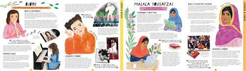 Page illustrée présentant les artistes Björk et Malala Yousafzai, avec des portraits et des descriptions de leurs vies et œuvres.