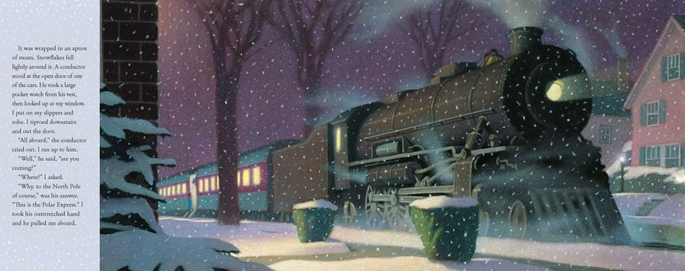 Une locomotive à vapeur traverse un paysage enneigé, émettant de la vapeur alors que des flocons tombent doucement. Des maisons aux fenêtres éclairées se dressent dans l'arrière-plan.