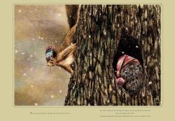 Un écureuil portant un bonnet coloré se tient sur un arbre tandis qu'un hibou avec un bonnet rouge émerge d'un trou dans le tronc, le tout sous une légère chute de neige.