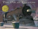 Une locomotive de train s'avançant dans la neige avec un éclairage brillant, sous un ciel étoilé, accompagnée du texte 'The Polar Express'.