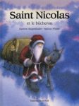 Couverture du livre 'Saint Nicolas et le bûcheron', illustrée avec Saint Nicolas sur un âne dans un ciel bleu.