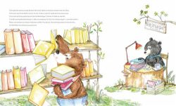 Deux ours dans une bibliothèque, un ours portant des livres tandis que l'autre est assis à un bureau.