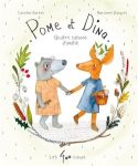 Couverture d'un livre intitulé 'Pome & Dina', représentant un renard et un ours qui se tiennent par la main, entourés de motifs floraux.