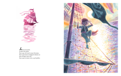 Illustration d'un enfant sur un mât de bateau pirate, regardant l'horizon, avec des vagues rose et un drapeau noir flottant.