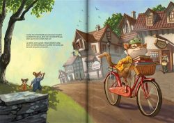Un dessin animé d'un animal à vélo sur une route de village, avec des maisons pittoresques en arrière-plan et d'autres animaux observant.