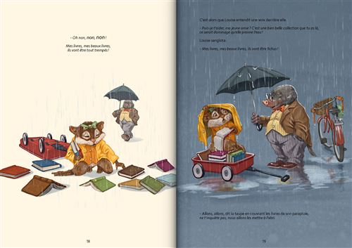 Deux animaux portant des imperméables sous la pluie, l'un assis avec des livres éparpillés autour de lui et l'autre tenant un parapluie, à côté d'une bicyclette.