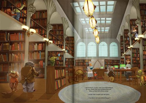 Une bibliothèque animée avec des animaux anthropomorphes, des étagères remplies de livres, et des personnages en train de lire ou d'étudier.