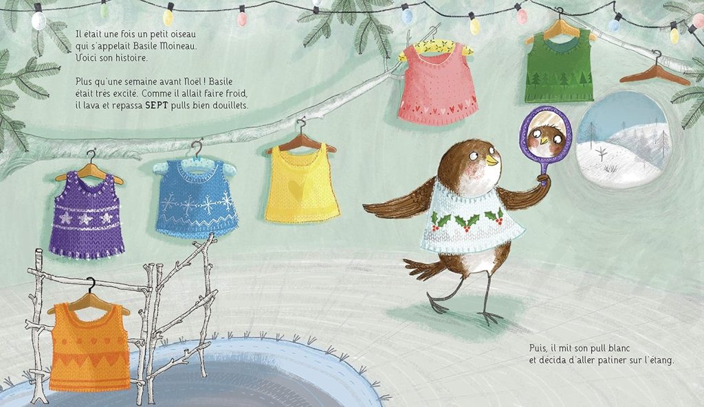 Une scène illustrée d'un petit oiseau nommé Basile qui porte un pull blanc, entouré de pulls colorés suspendus et un miroir en main, avec un paysage hivernal à l'extérieur.
