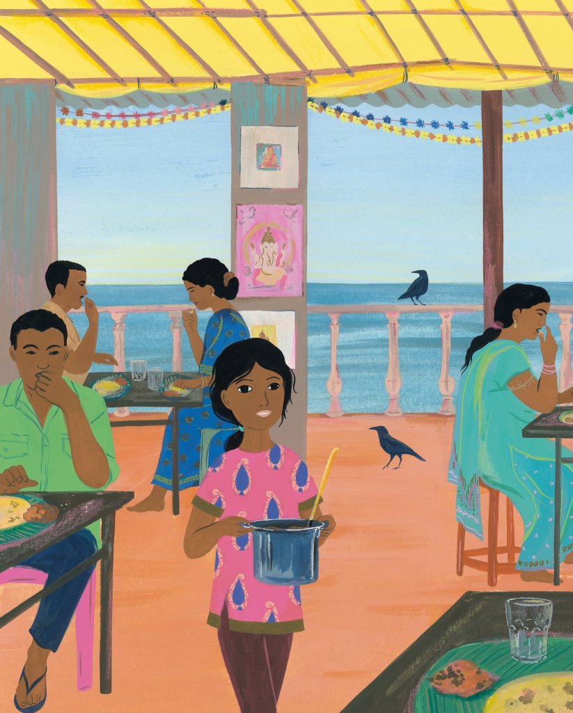 Une illustration d'un restaurant en bord de mer avec plusieurs personnes en train de manger, dont une jeune fille tenant une casserole. L'intérieur est décoré de guirlandes et des œuvres d'art sont accrochées aux murs.