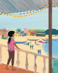 Une jeune fille regarde un paysage côtier depuis un balcon, avec des bateaux de pêche sur la plage et des bâtiments colorés en arrière-plan.