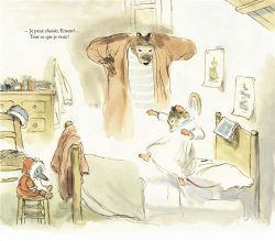 Une illustration d'un ours portant un grand manteau, un petit animal assis sur une chaise et un autre animal en pyjama sur un lit, dans une chambre cosy.