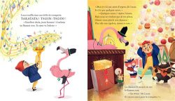 Illustration colorée d'un livre pour enfants montrant un flamant rose jouant d'un instrument de musique tandis qu'un enfant danse, avec des décorations festives.