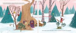 Une illustration montrant une maison dans un arbre entourée de neige et de sapins, avec une petite créature rouge dans un paysage hivernal.