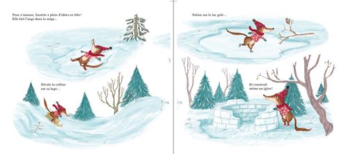 Une scène hivernale avec un petit animal curieux en manteau rouge jouant dans la neige, courant entre des sapins.