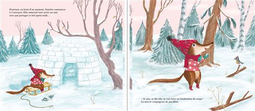 Un renard portant un bonnet rouge et un pull se tient dans la neige près d'un igloo, jouant avec un oiseau.