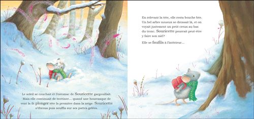 Image d'un livre illustré pour enfants avec des personnages animaux, dont Souricette, une petite souris, habillée d'une écharpe. Le paysage montre de la neige, des arbres et un joli ciel, créant une atmosphère douce et hivernale.