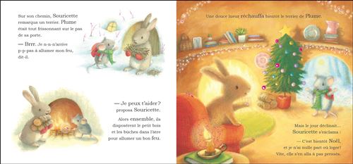 Illustre une scène d'un livre pour enfants avec un petit lapin et une souris qui préparent un feu de cheminée pendant la période des fêtes.