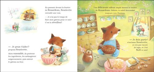 Une illustration représentant un renard et une souris dans une cuisine accueillante, préparant des plats pendant la période des fêtes.
