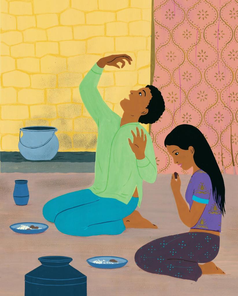 Deux enfants assis par terre, un garçon en chemise verte et une fille en tenue violette, partageant de la nourriture sur des assiettes.