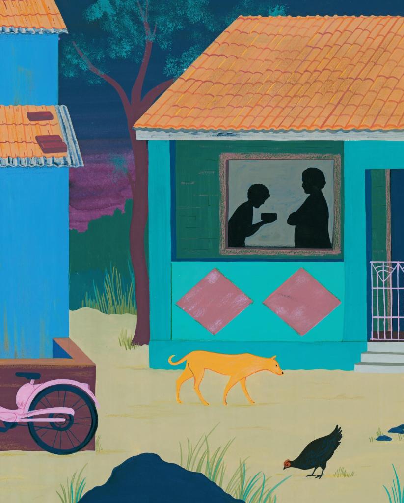 Une scène illustrée d'une maison colorée avec une silhouette de deux personnes se tenant devant une fenêtre. Un chien jaune marche sur le sol, tandis qu'une poule picore à proximité. Un vélo rose est garé à côté de la maison.